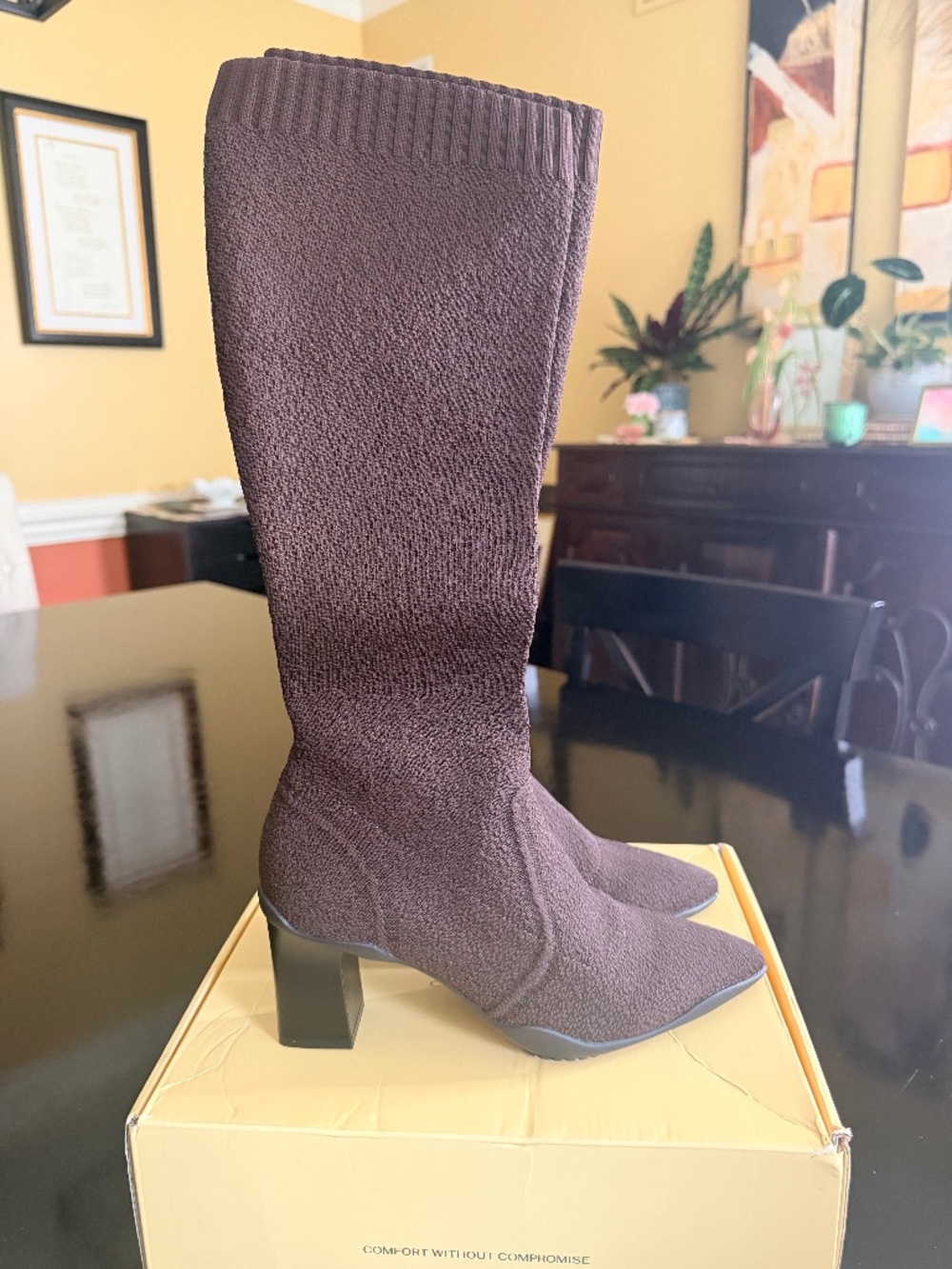 Cosy Island Pointed Toe Block Heel Knee Boots in Coffee Brown in Size 6